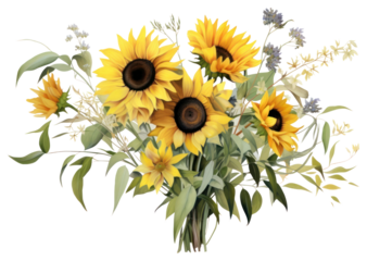 PNG  Botanical illustration sunflower bouquet plant inflorescence asteraceae.