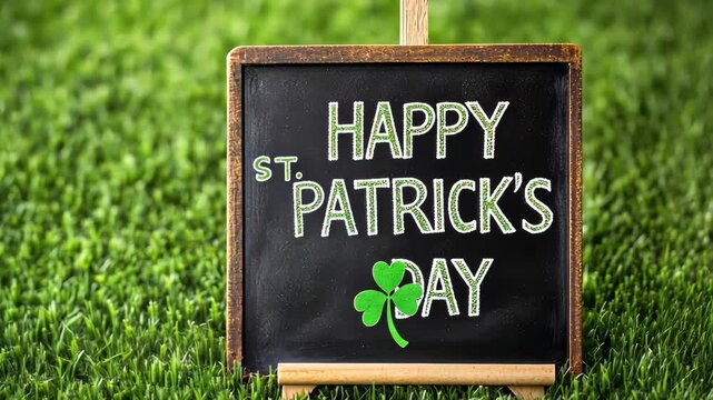 Blackboard with the words Happy St. Patrick's Day written on it. The board is placed on a green lawn