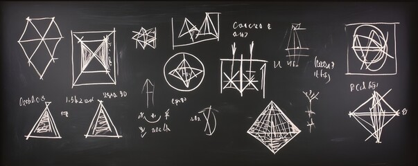 A chalkboard with neatly drawn geometry diagrams and math equations written in white chalk