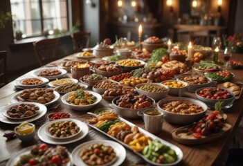 A sumptuous feast on a long table with plenty of food and drink, feast, table