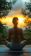 Woman meditating at sunrise, peaceful yoga pose.