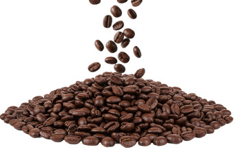 Naklejka premium Pile of roasted coffee beans with a few beans falling from above, isolated on white background