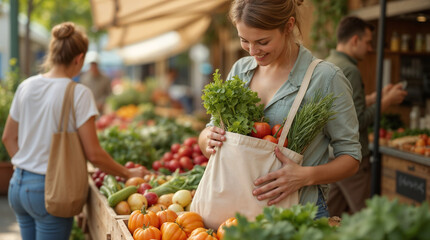 Women selecting fresh produce at a vibrant farmers market during a sunny afternoon