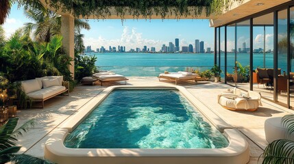 A minimalist wooden terrace with a refreshing swimming pool and a stylish lounge chair