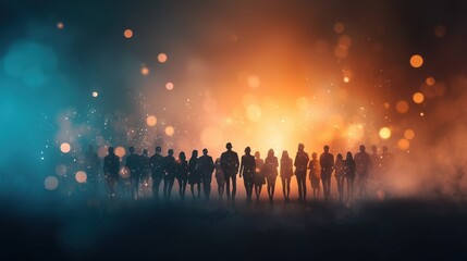 Dynamic team collaboration embracing digital enhancements in a colorful environment at night group portrait with vibrant effects