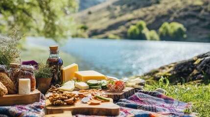 Fototapeta premium A picnic setup with low-carb snacks by a lake, featuring nuts, cheese
