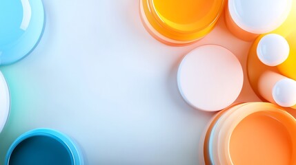 Brightly colored cosmetic containers neatly arranged on white background. AI Generated