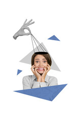 Image 3d collage sketch of afraid stressed depressed girl control addiction arm hold strings...