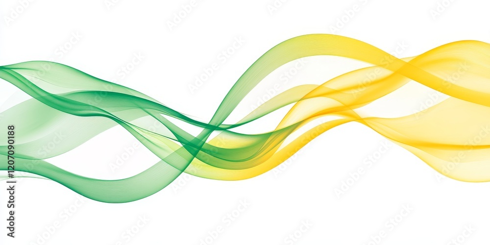 Poster abstract green and yellow flowing wave lines on white background.
