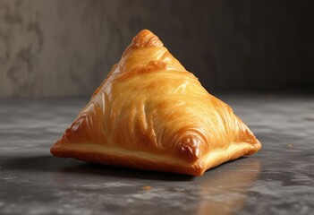 A triangular pastry with a delicate golden brown exterior , delicate, golden