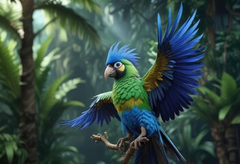 Obraz premium A tropical bird with striking blue and green feathers on its back, bird, macaw, blue