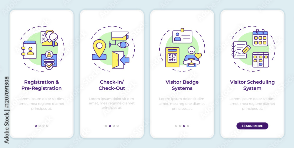 Wall mural visitor management system onboarding mobile app screen. walkthrough 4 steps editable graphic instruc