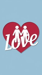 A minimalist paper cut-out illustration of a Valentine's Day poster. There is a large red heart with a white silhouette of two figures holding hands inside it. The word "Love" is written in bold font