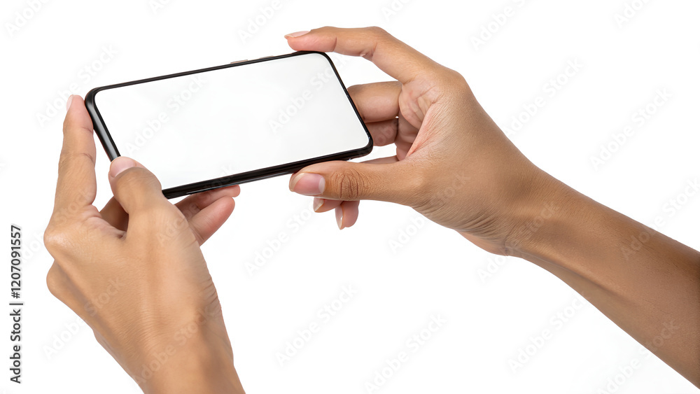 Wall mural hands using smartphone screen mockup and scrolling display horizontally, isolated on white backgroun