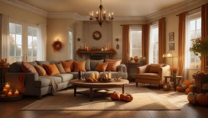 A warm and cozy living room with Thanksgiving decorations , decorations, living room