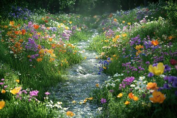 Enchanting meadow filled with wildflowers and a sparkling stream in the sunlight