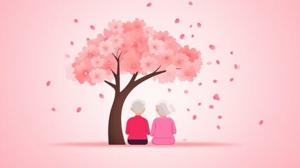 Elderly Couple Enjoying Peaceful Moment Under Pink Blossom Tree in Soft Pastel Background