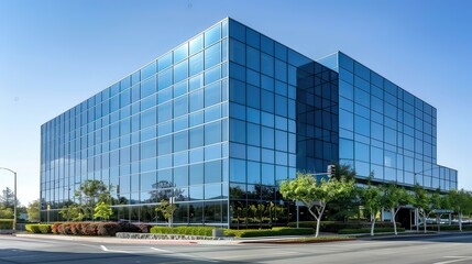 Obraz premium A sleek glass office building symbolizing enterprise-level design. stock photo --ar 16:9 --style raw --v 6 Job ID: 71049cb7-759a-4d0f-99d9-dfab2f3a45eb