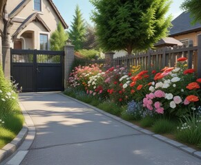 Naklejka premium A well-maintained driveway with a row of neatly arranged flowers and an automated barrier gate in the background, flowers, driveway, parking