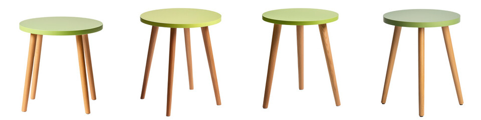 Minimalist wood and green round side tables in modern interior design setting  Trio of contemporary  simple and clean tripod stools or end tables in a living or dining room environment
