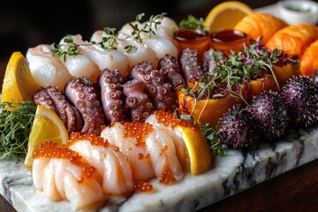 Exotic seafood tasting platter featuring fresh sashimi, octopus, and garnishes displayed on marble board