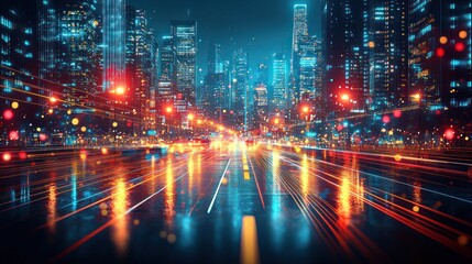 Fototapeta premium Night Cityscape: Vibrant Lights and Reflections on a Wet Street