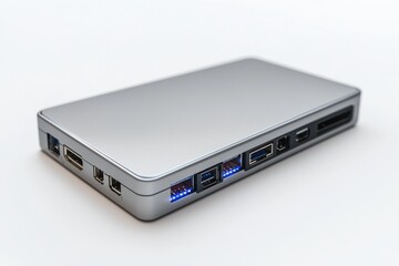 External hard drive displayed from the side highlighting its connectivity options and sleek design
