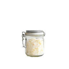 Freshly made wax granules in glass jar home setting product showcase transparent background