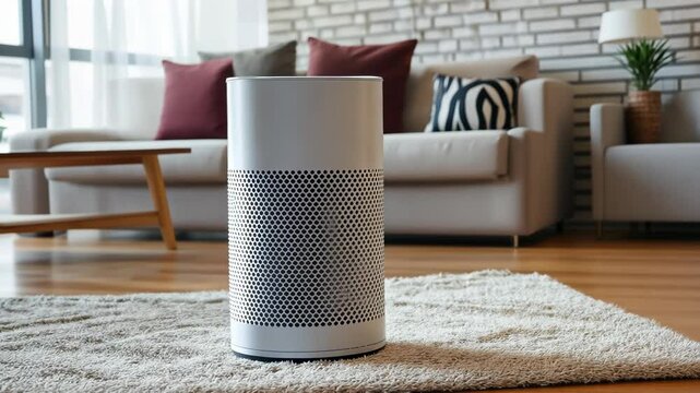 White air purifier sits on a rug in a living room. The room has a couch and a coffee table