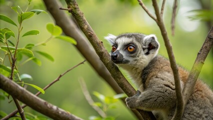 Obraz premium A young lemur peers out from behind a branch in the treetops its large eyes taking in the surroundings, primate behavior, curious creature, forest canopy, arboreal animals