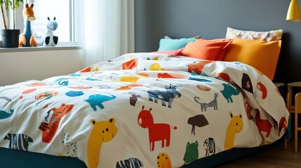 A bed cover for kids featuring playful prints of animals and bright colors, creating a fun and cheerful atmosphere in a children bedroom