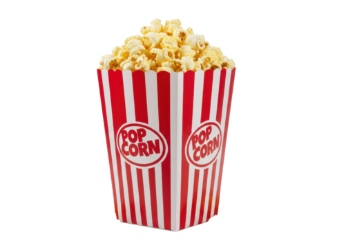 A red and white striped popcorn box filled with freshly popped corn, a few scattered kernels around the base, isolated on a white background - Powered by Adobe
