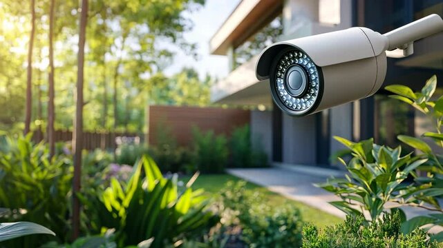 Security camera is installed on a pole in front of a house. The camera is positioned to capture the exterior of the house, including the front door and windows