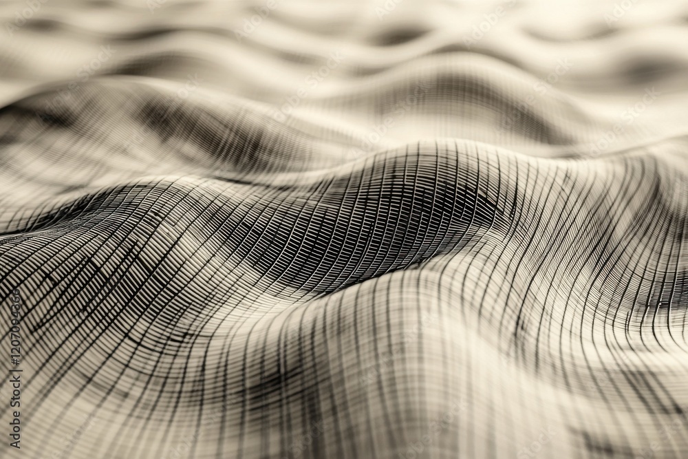 Poster intricate overlapping black and white pattern creating a three-dimensional wave effect on fabric sur