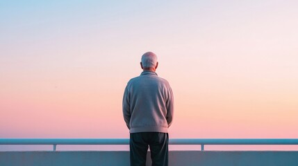 Fototapeta premium Serene Reflection of an Elderly Man Standing by the Railing under a Beautiful Sunset Sky