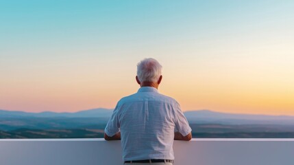 Fototapeta premium Senior Man Overlooking Scenic Sunset Landscape with Calm Mountains and Vibrant Sky Colors from Balcony