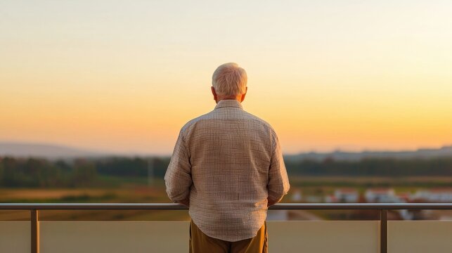 Serene Senior Man Gazing at Peaceful Sunset Over Scenic Landscape from Balcony with Relaxed Posture
