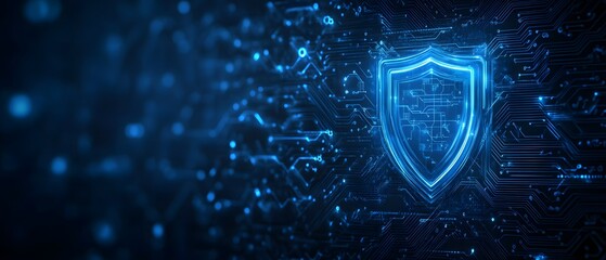 Cybersecurity concept with glowing shield icon on digital circuit board, data protection security