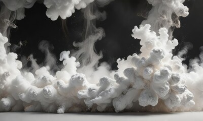 Abstract shapes of white smoke coalesce and break apart, creating an ephemeral pattern, abstract, break