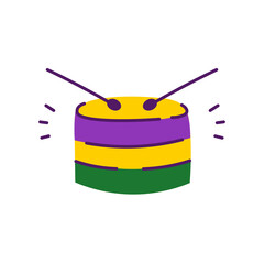 Mardi Gras Drum with drumsticks icon. Hand drawn festive symbol. Carnival music melody sound musical instrument with traditional colors. Flat vector illustration