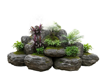 A cluster of large natural rocks adorned with lush tropical plants, isolated on a white background