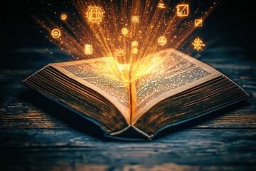 Obraz premium Glowing pages of an open book radiate knowledge and imagination in a mystical atmosphere