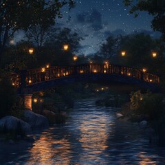 Enchanted Bridge at Night with Sparkling Lights and Starlit Sky