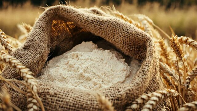 Freshly milled flour in a burlap sack among golden wheat fields during the harvest season