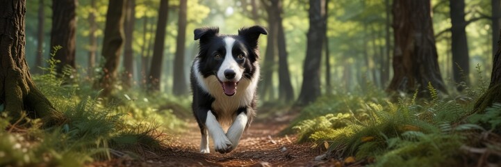 Fototapeta premium An action shot of a border collie running with its head down through dense forest, outdoor escapades, agility, canines in motion