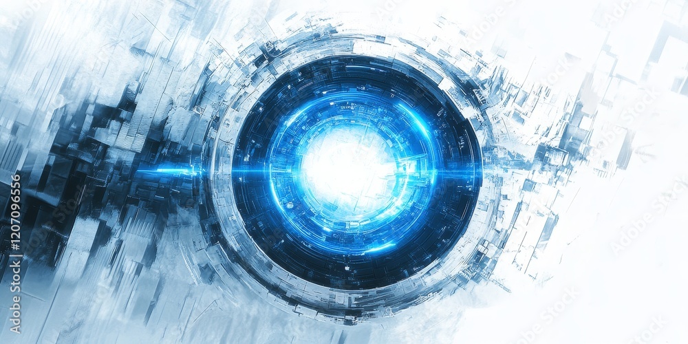 Poster futuristic glowing blue energy core in a technological abstract background.