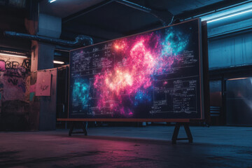 Colorful cosmic formulas displayed on a school blackboard in an industrial classroom setting at night