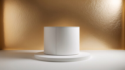 Professional White Display Stand on Shimmering Golden Background for High End Commercials Realistic 3D Podium for Mockup