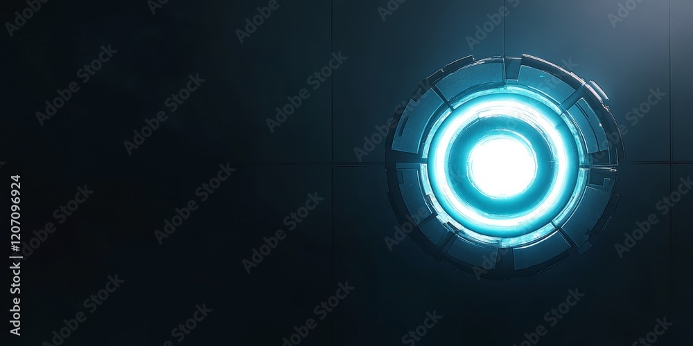 Poster glowing futuristic circular interface on dark background.
