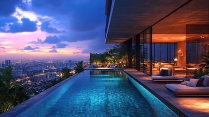 Obraz premium A minimalist wooden terrace with a refreshing swimming pool and a stylish lounge chair